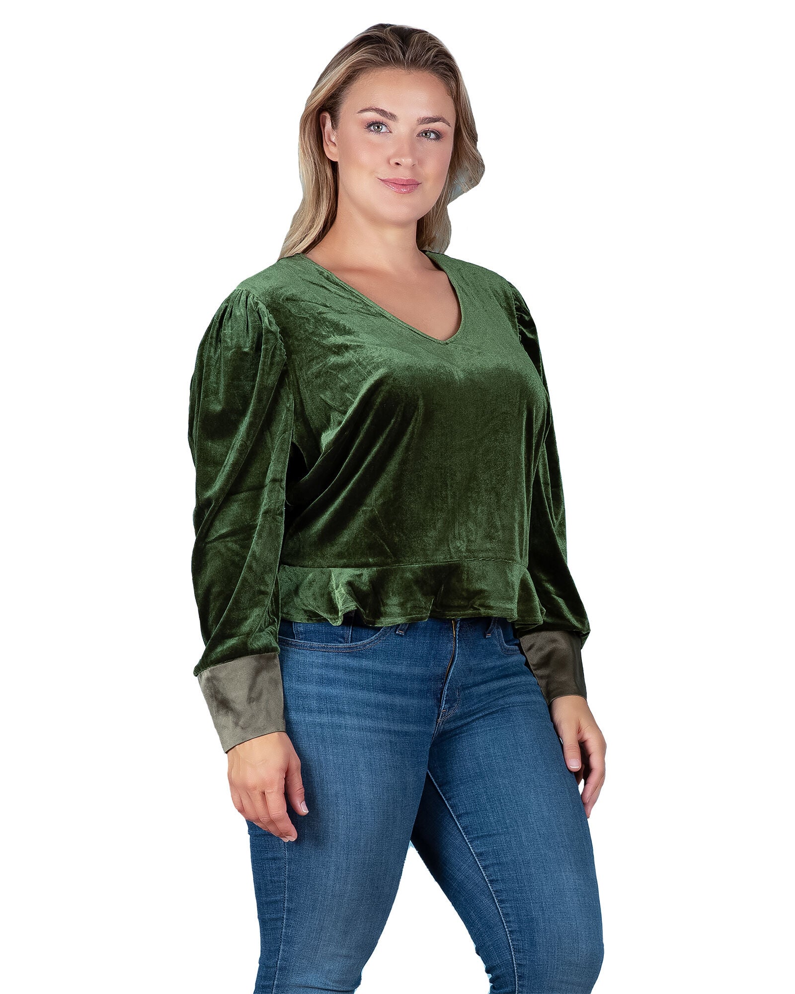 Plus Size Stretch Velvet Peplum Top, , alternate image number 7