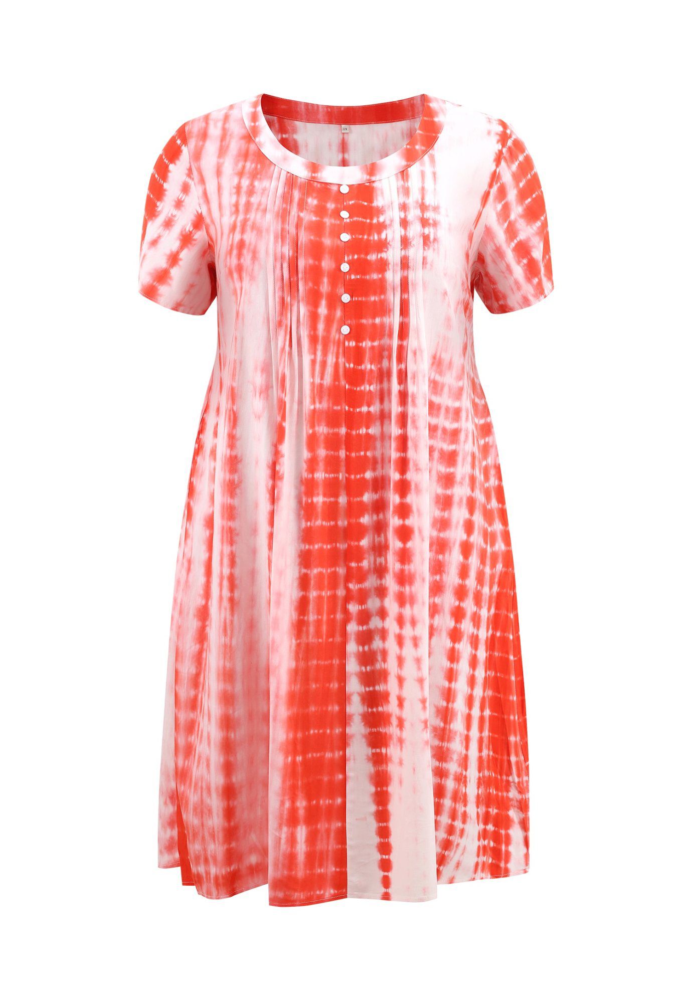 Toothpick Pleated Tie Dye Button Decor Round Neck Short Sleeve A-Line Dresses with Pockets, Orange / Orange, alternate image number 3