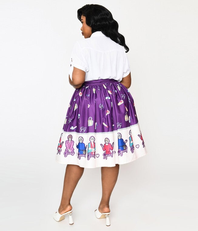 The Golden Girls x Unique Vintage Plus Size Purple Character Border Gellar Swing Skirt, Purple Golden Girls Print / Purple, alternate image number null