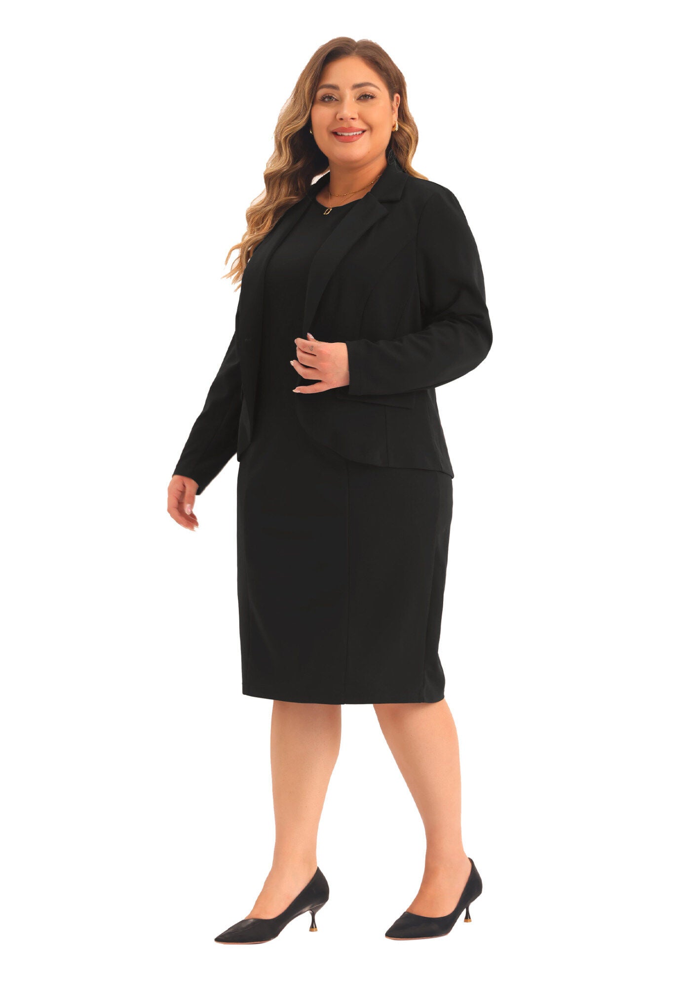 TWO PIECE BLAZER JACKET AND SLEEVELESS DRESS SUIT SET, Black / Black, hi-res image number 0