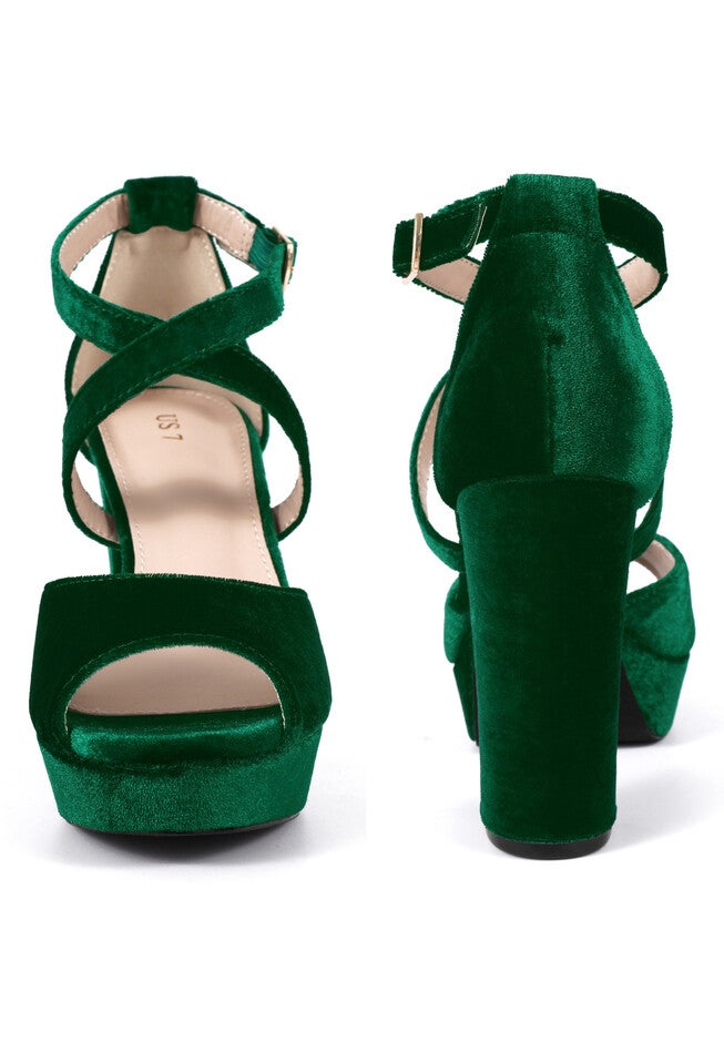 Peep Toe Pumps Velvet Block Heel Platform Sandals, Emerald Green / Hunter Green, alternate image number 3