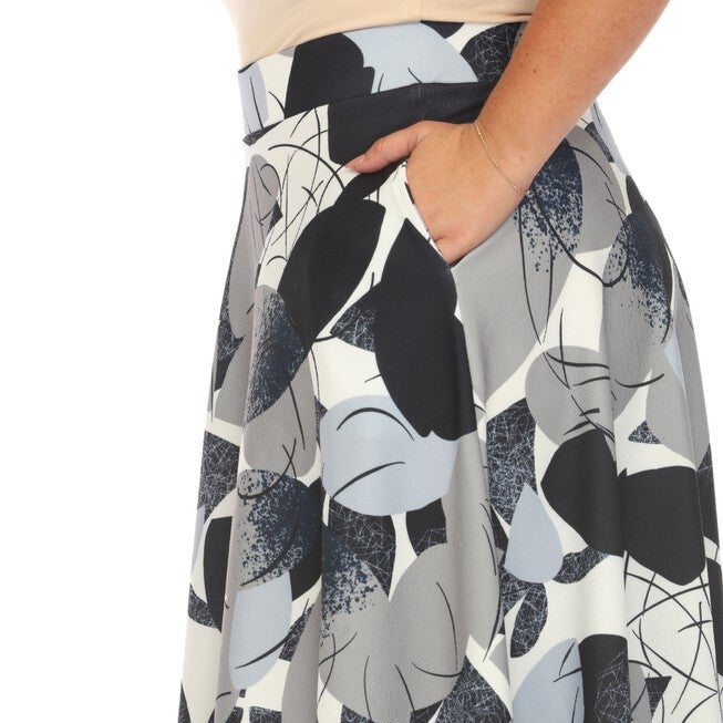 Leaf Print Vintage Flared Midi Skirt, Navy Gray / Navy, alternate image number null