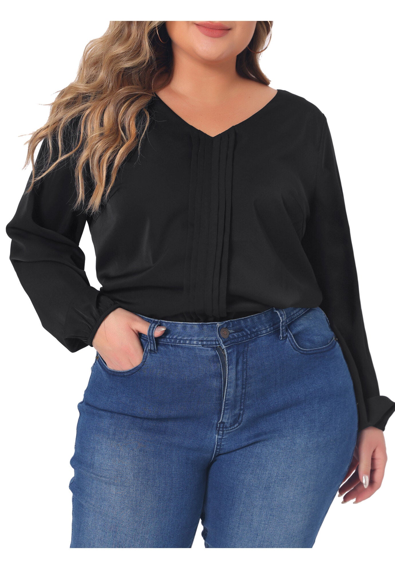Long Sleeve Flowy Shirt Pleated V Neck Blouse, Black / Black, alternate image number 1