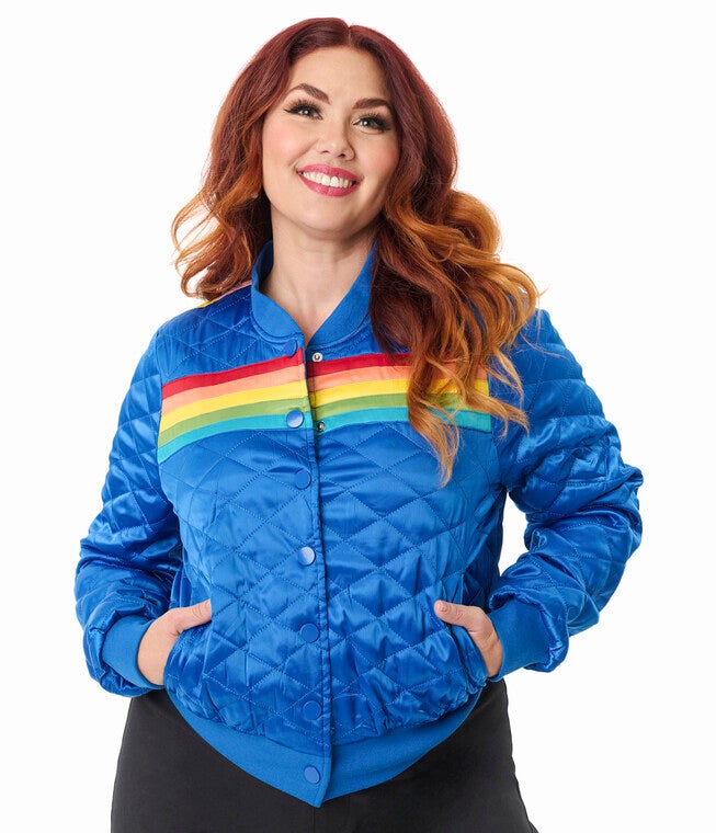 Unique Vintage Plus Size Blue & Rainbow Quilted Varsity Jacket, Royal Blue / Royal Blue, hi-res image number 0