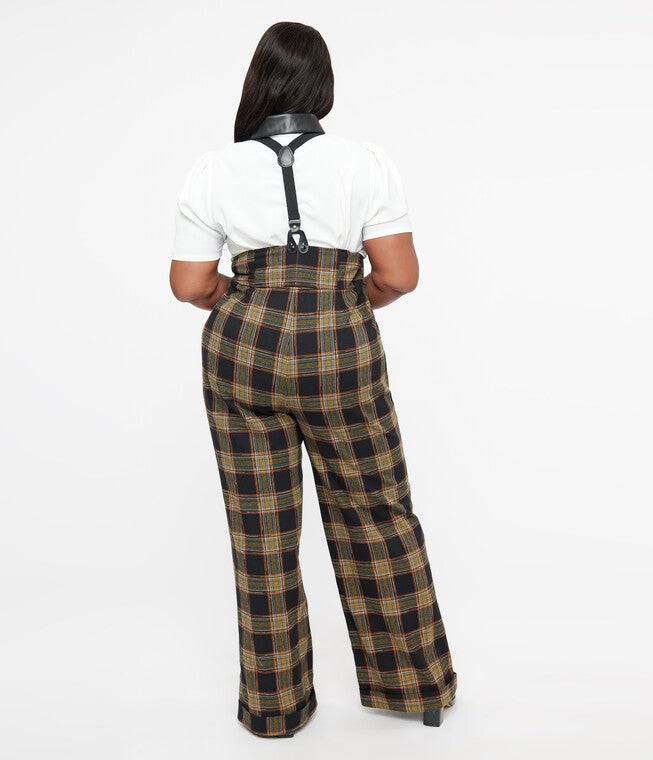 1930s Black & Orange Plaid Thelma Suspender Pants, BlackOrange Plaid / Orange, alternate image number 1