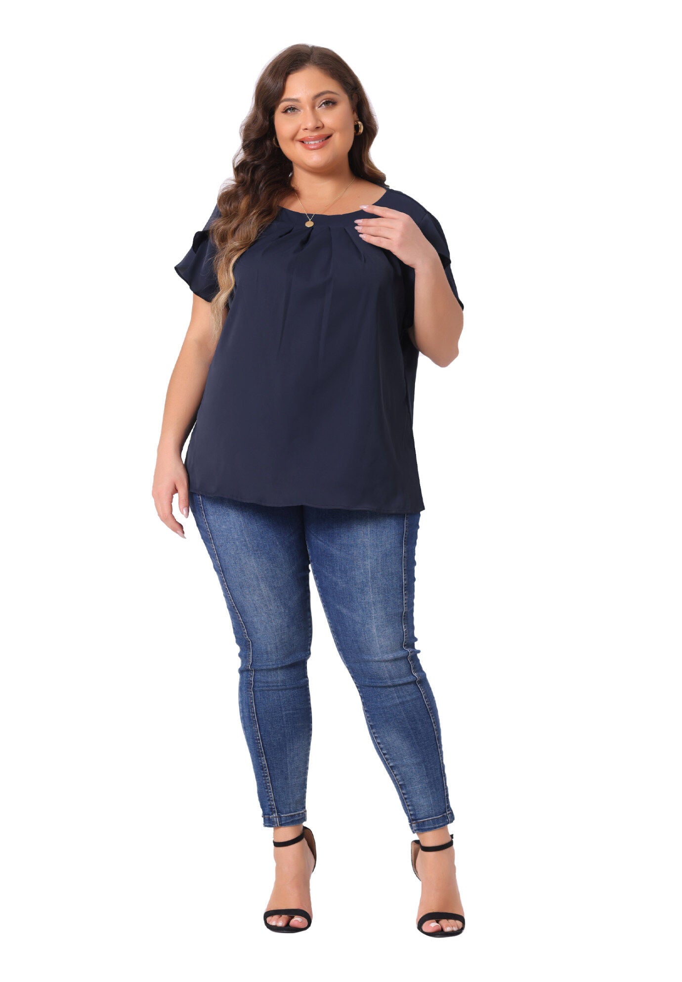 Round Neck Pleated Top Tulip Sleeves Blouse Top, Dark Blue / Navy, hi-res image number 0
