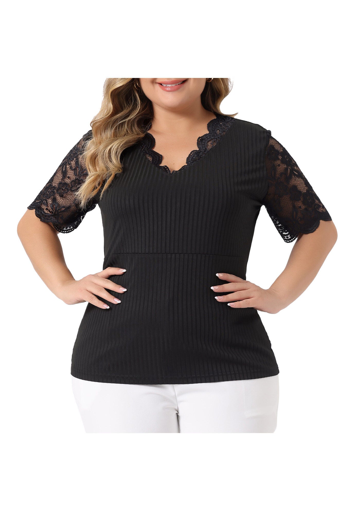V Neck Short Sleeve Lace Ribbed Knit Tunic Top, Black / Black, alternate image number 2