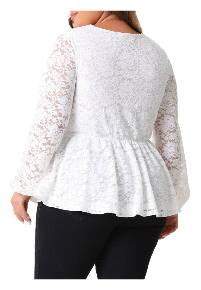 Lace Elegant Long Sleeve Floral Peplum Blouse, White / White, alternate image number 3
