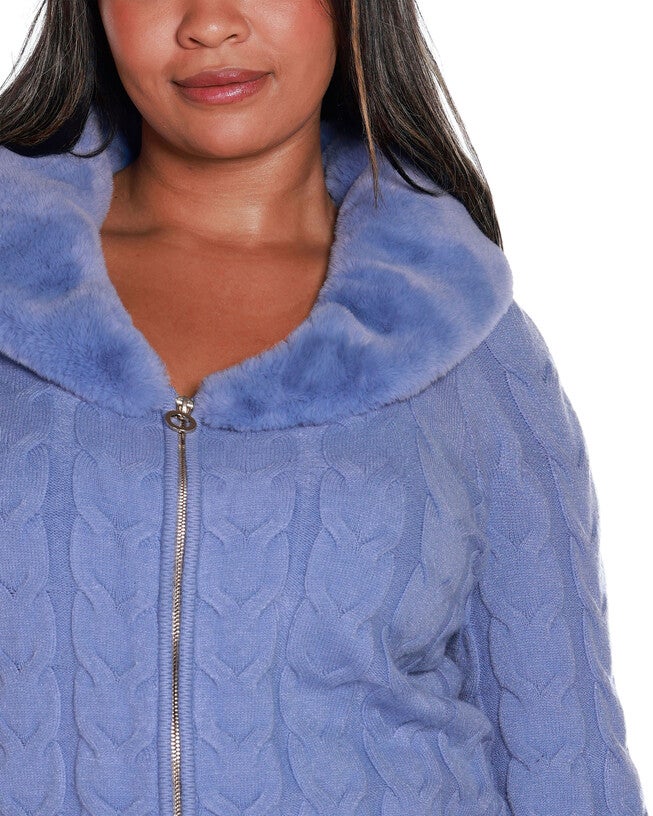 Faux Fur Collared Cable Cardigan, Chambray / Chambray Denim Medium, alternate image number 3