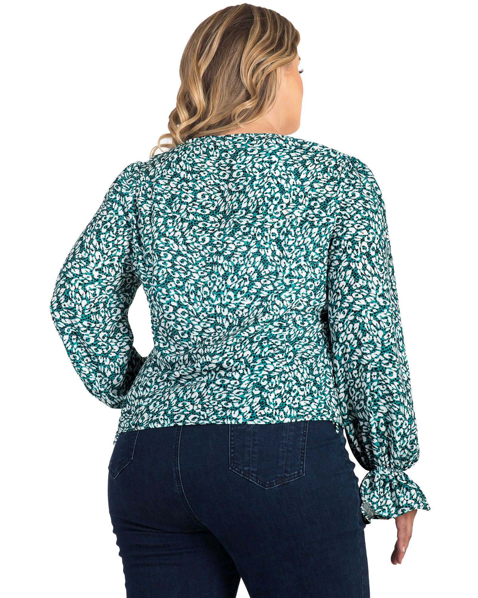 Plus Size Vera Tie Front Flute Sleeve Blouse, Green Leopard / Teal, alternate image number 1