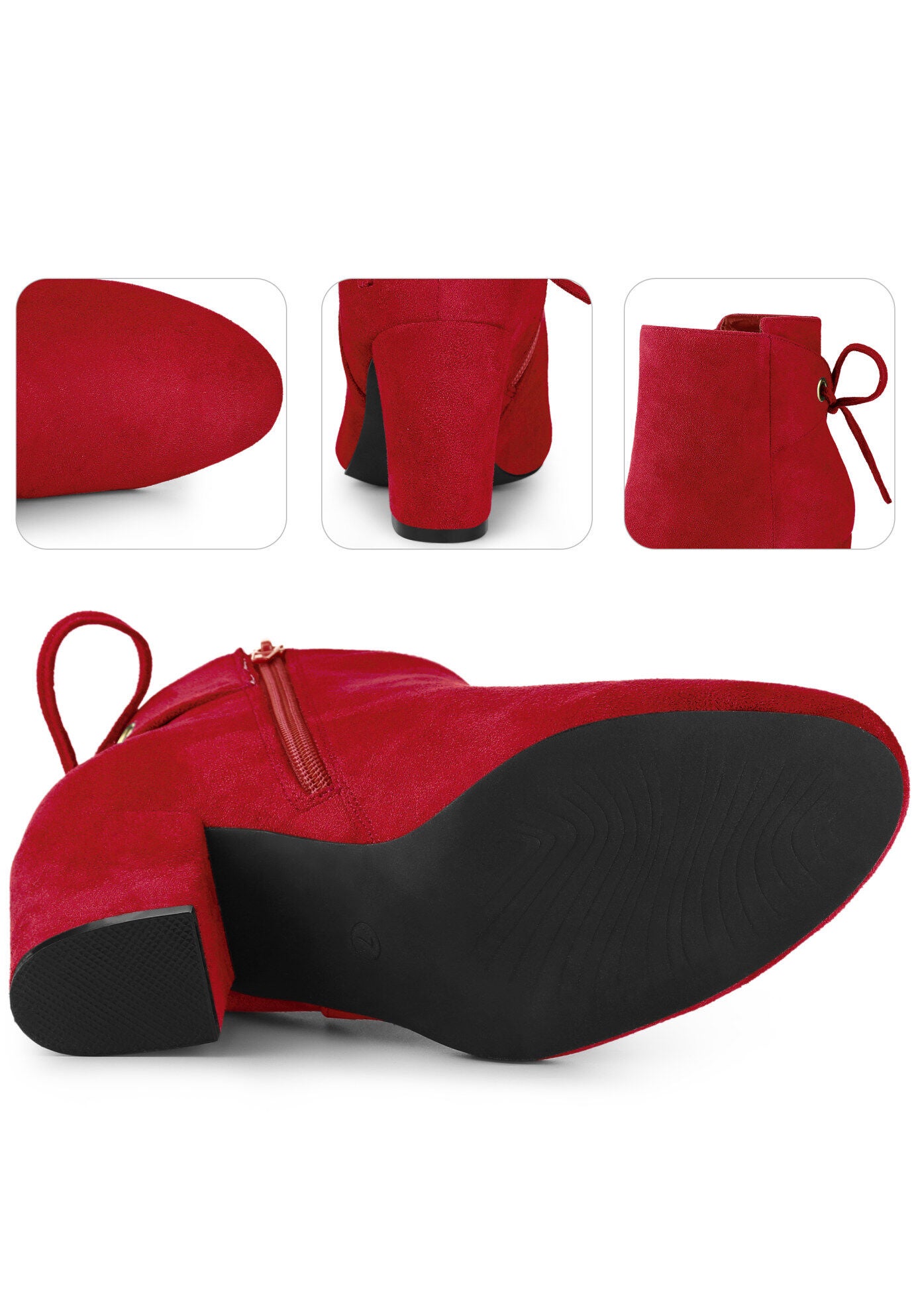 Round Toe Lace Up Back Chunky High Heels Ankle Boots, Red / Red, alternate image number 2