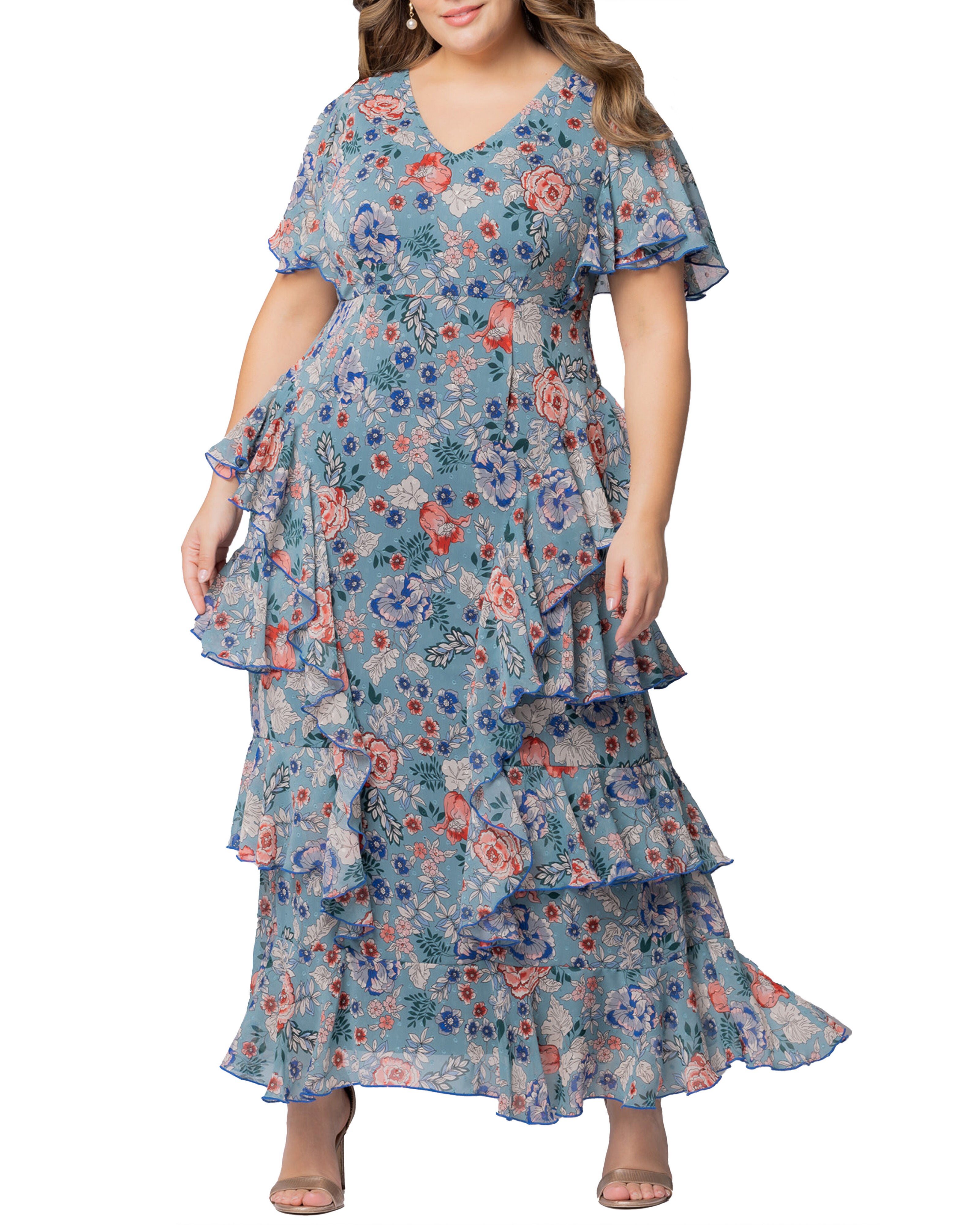 Tour de Flounce Chiffon Evening Gown, BLUE GARDEN PRINT / Azure Blue, hi-res image number 0