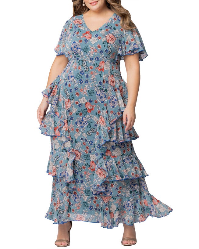 Tour de Flounce Chiffon Evening Gown, BLUE GARDEN PRINT / Azure Blue, hi-res image number 0