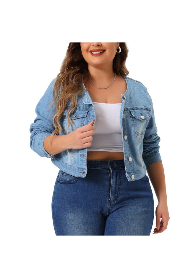 COLLARLESS CHEST POCKETS BUTTON DOWN CROP DENIM JACKET, Light Blue / Light Blue, alternate image number 2