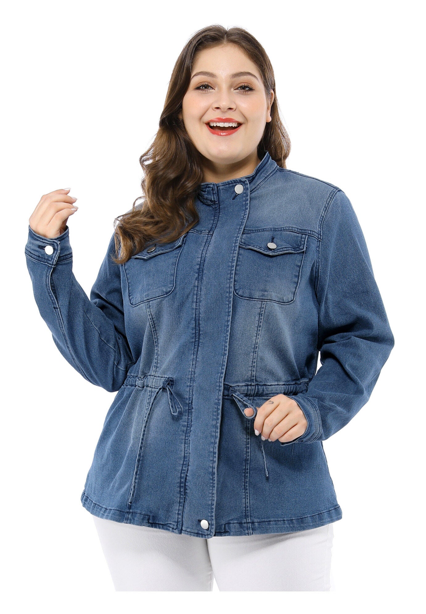 STRETCH STAND COLLAR ZIP DRAWSTRING DENIM JACKET, Blue / Azure Blue, alternate image number 4