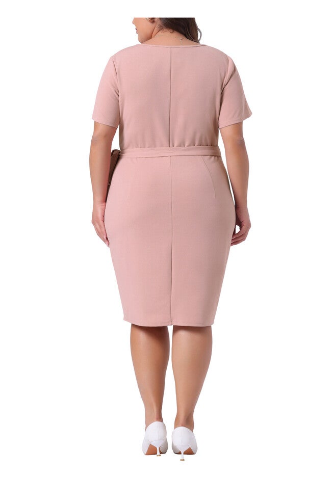 Belted Tie Pencil Bodycon Wear to Work Dress, Pink / Pink, alternate image number 3