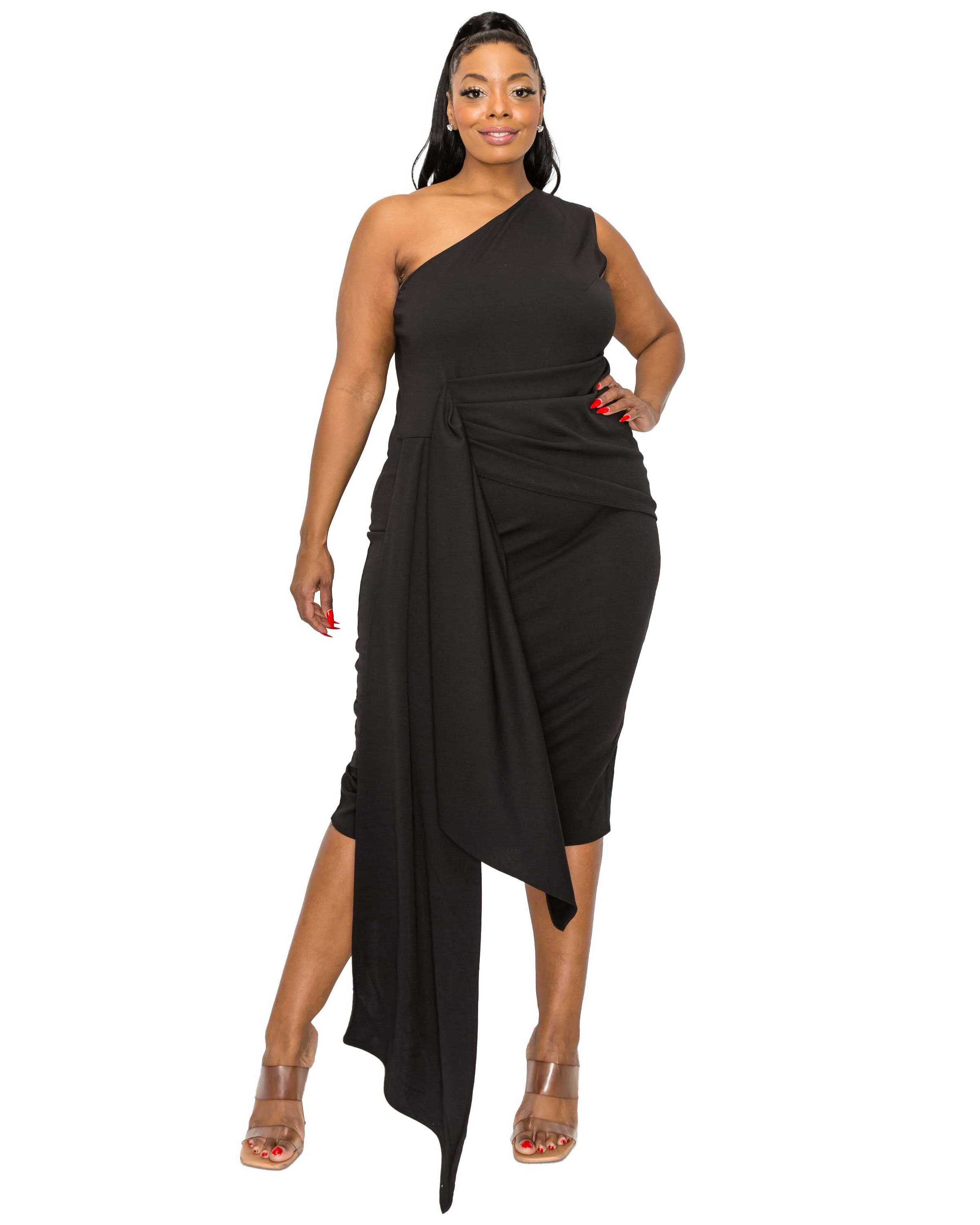 ESME FRONT DRAPED SASH DRESS, Black / Black, hi-res image number 0