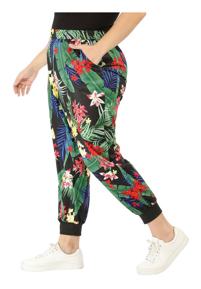 TROPICAL FLORAL HAREM JOGGER PANTS, Black / Black, alternate image number null