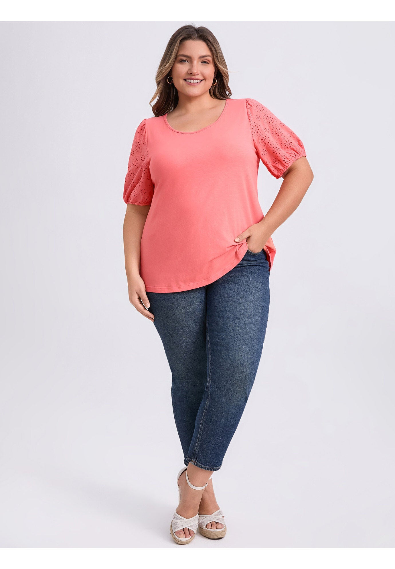 Round Neck Embroidered Panel Hollow Puff Short Sleeve Blouse, Coral Red / Coral, alternate image number 1