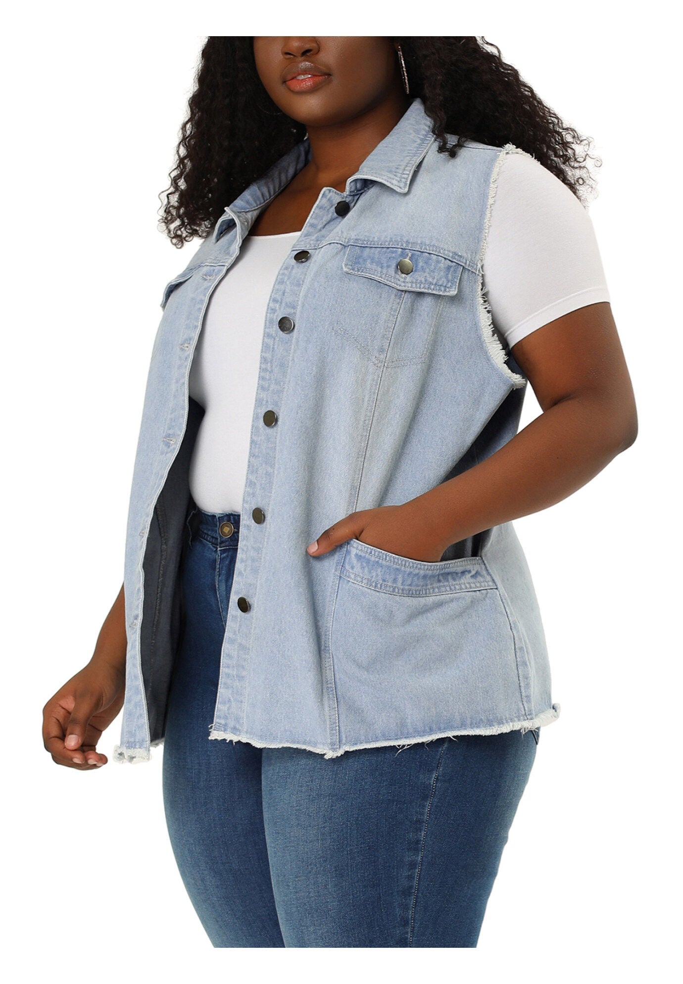 BUTTON FRONT LAPEL FRAYED WASHED SLEEVELESS LONG DENIM VEST, Sky Blue / Light Blue, alternate image number 1