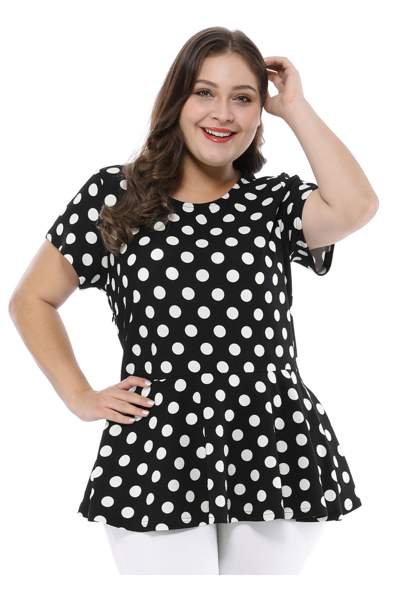 Casual Short Sleeve Polka Dots Peplum Tops Shirts, Black / Black, alternate image number 1