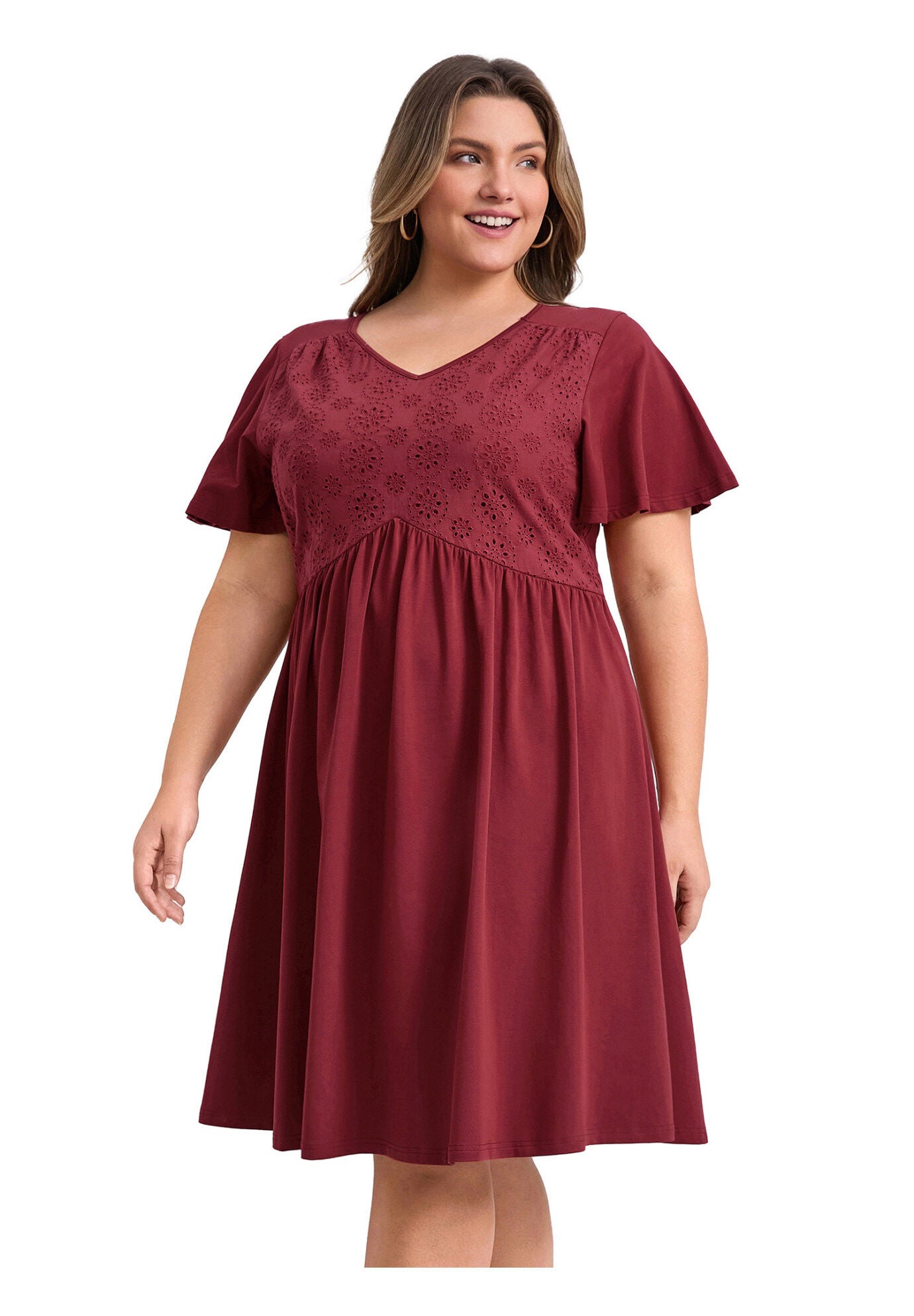 Summer V Neck Ruffle Sleeve Pleated Swing A-Line Dress, Burgundy / Burgundy, hi-res image number 0