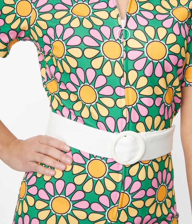 Smak Parlour Green & Pink Mod Daisy Belted Romper, Pink Green Floral / Kelly Green, alternate image number 3