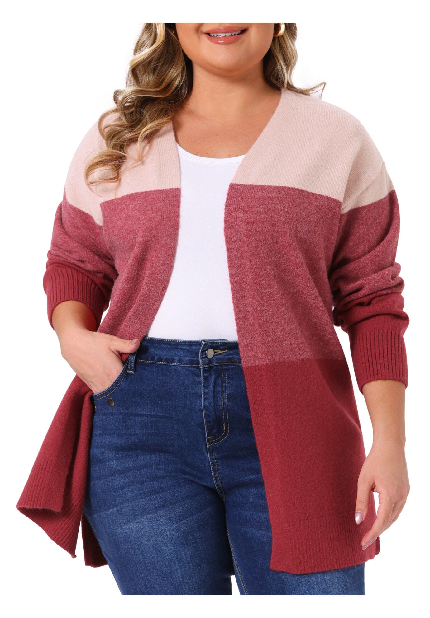 Striped Color Block Long Sleeve Knit Cardigan, Red Pink / Red, alternate image number 2