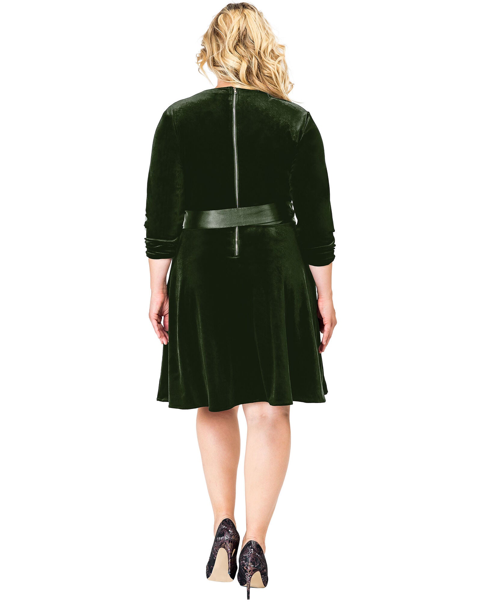 Plus Size Millie Stretch Velvet V-Neck Aline Dress With Satin Belt, GREEN / Hunter Green, alternate image number 2