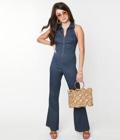 Smak Parlour Denim Bengaline Front Zipper Halter Jumpsuit