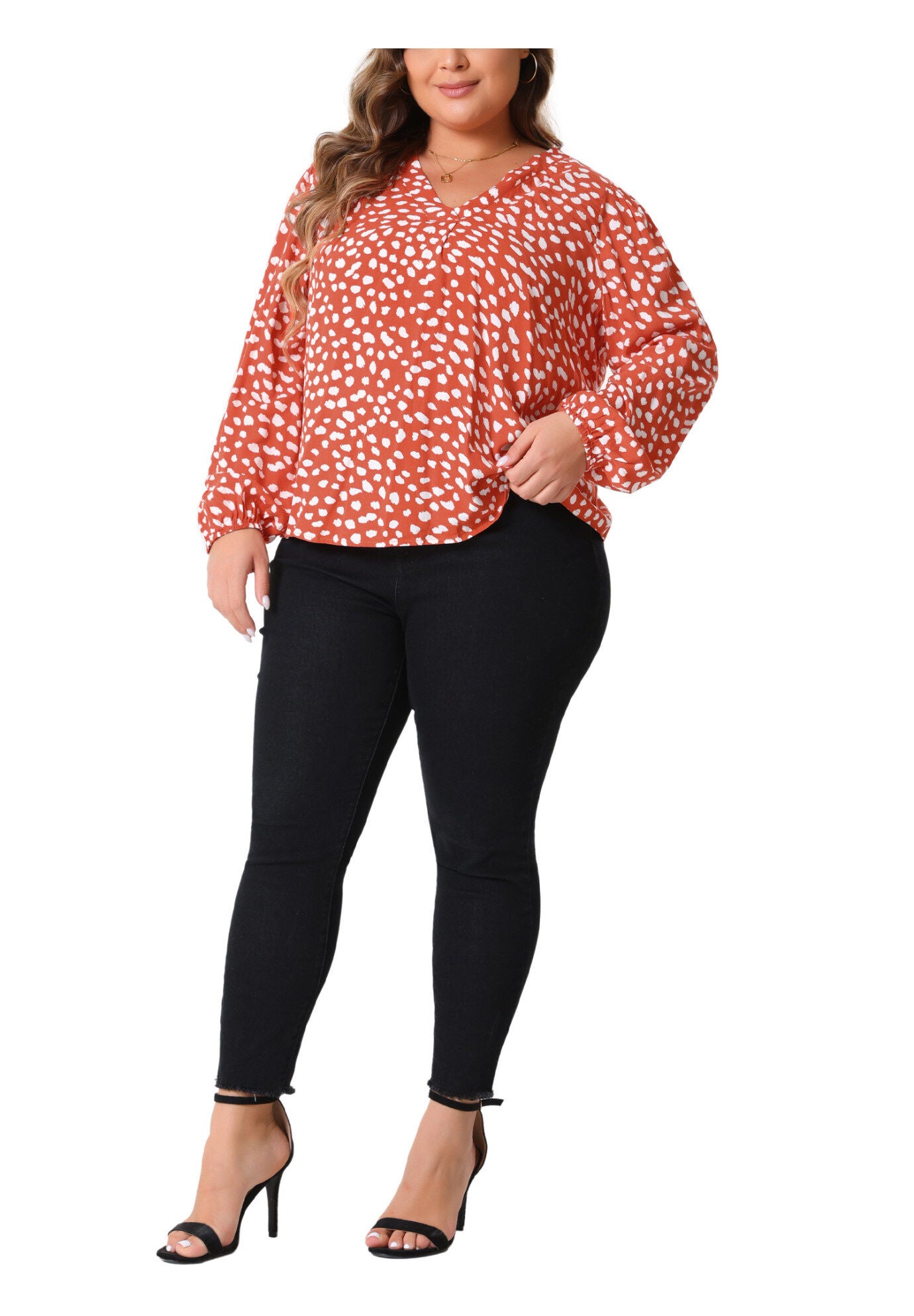 Polka Dot V Neck Long Sleeve Blouse Shirt, Orange / Orange, hi-res image number 0