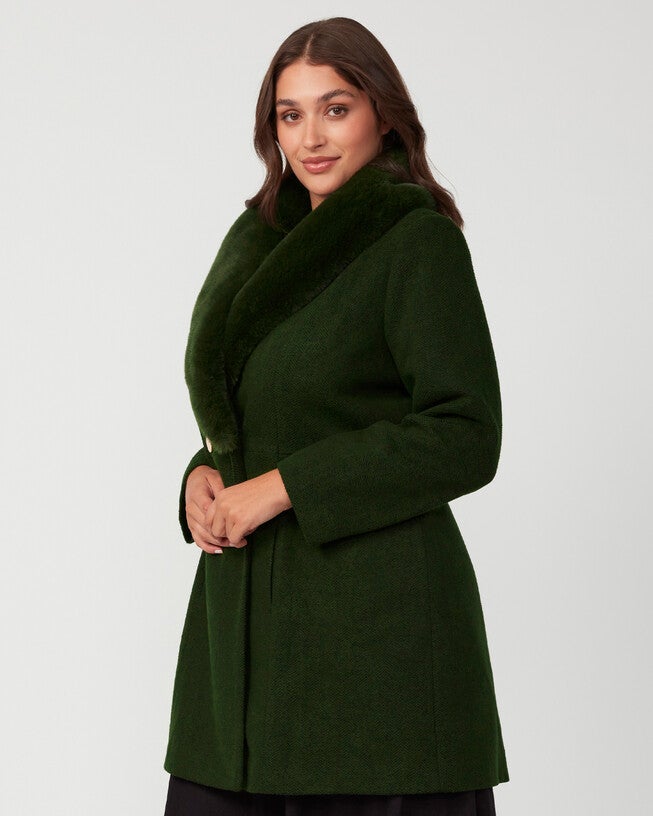 Grammys Beige Coat with Faux Fur Removable Collar, Olive / Olive Green, alternate image number null