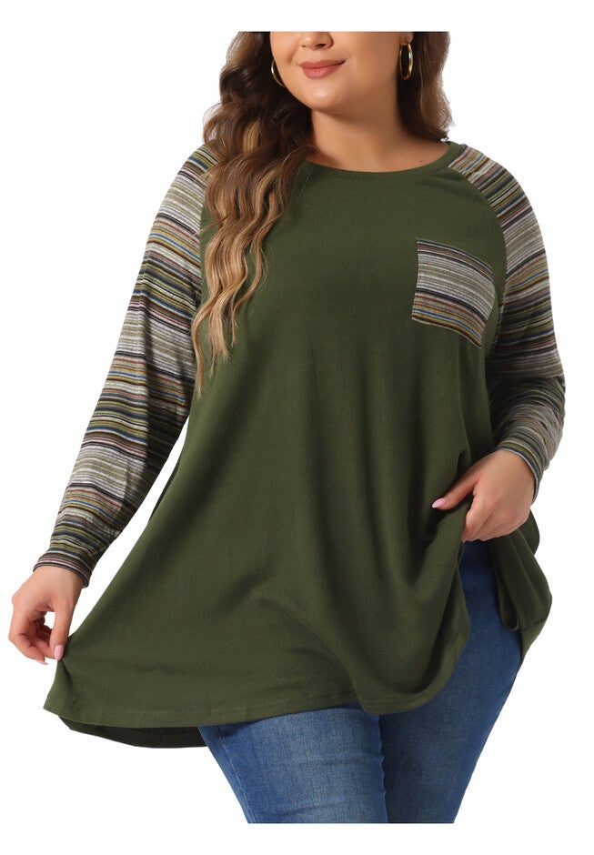 Raglan Color Block Knit Pullover Shirt Tunic Top with Pockets, Army Green / Sage Green, alternate image number 1
