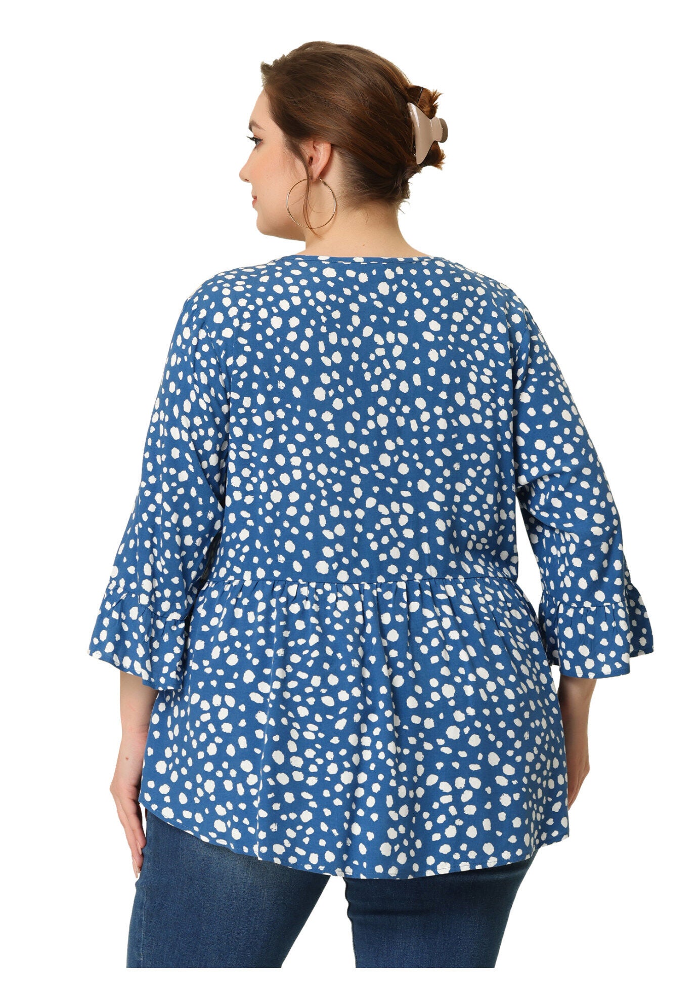 Polka Dots Blouse 3/4 Ruffle Sleeve Peplum Top, Blue / Royal Blue, alternate image number 3