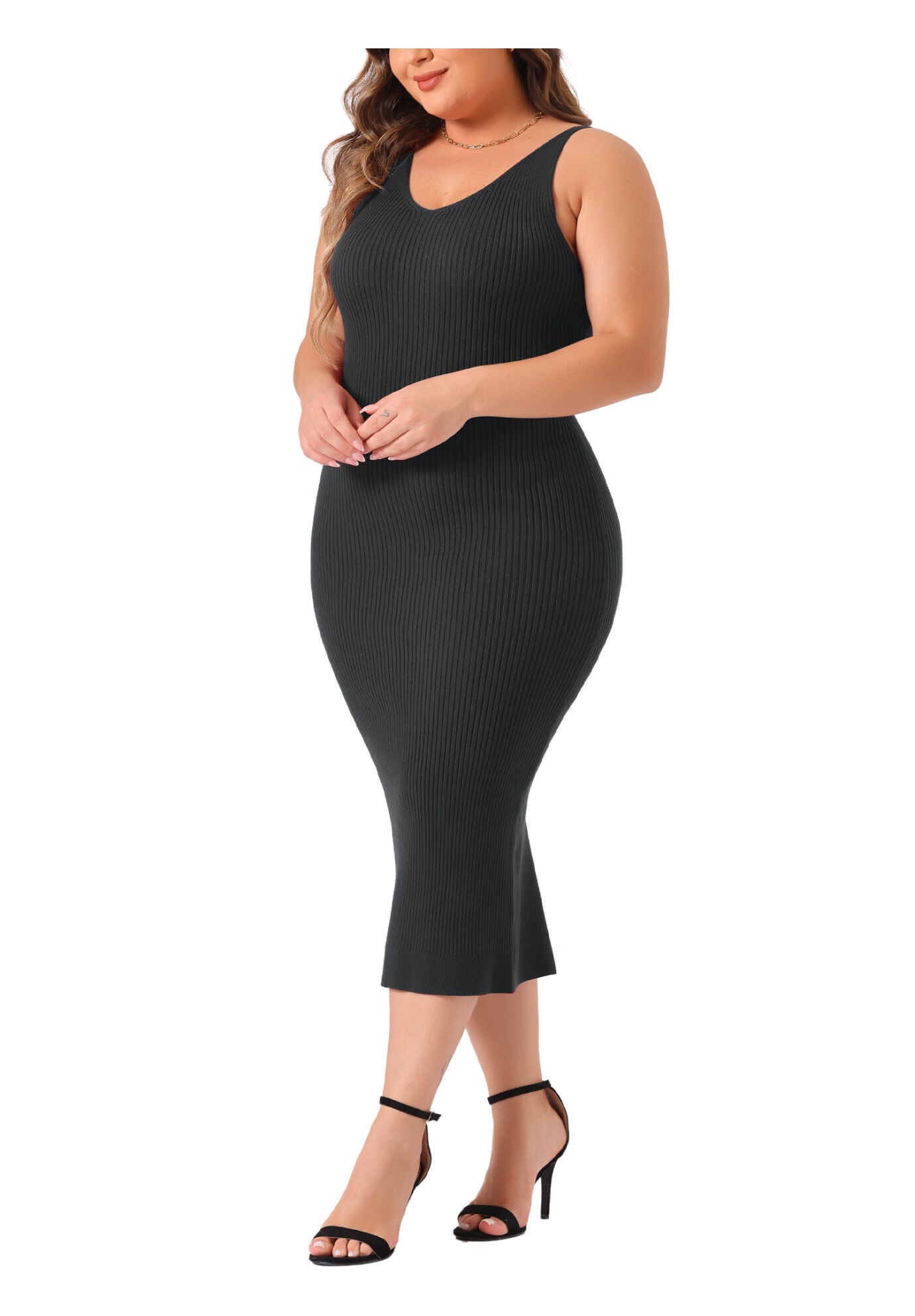 Sleeveless V Neck Ribbed Knit Bodycon Midi Sweater Cami Dress, Black / Black, alternate image number 1