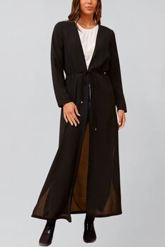 Fanny Long Woven Cover-Up Maxi Cardigan Open Tie Front