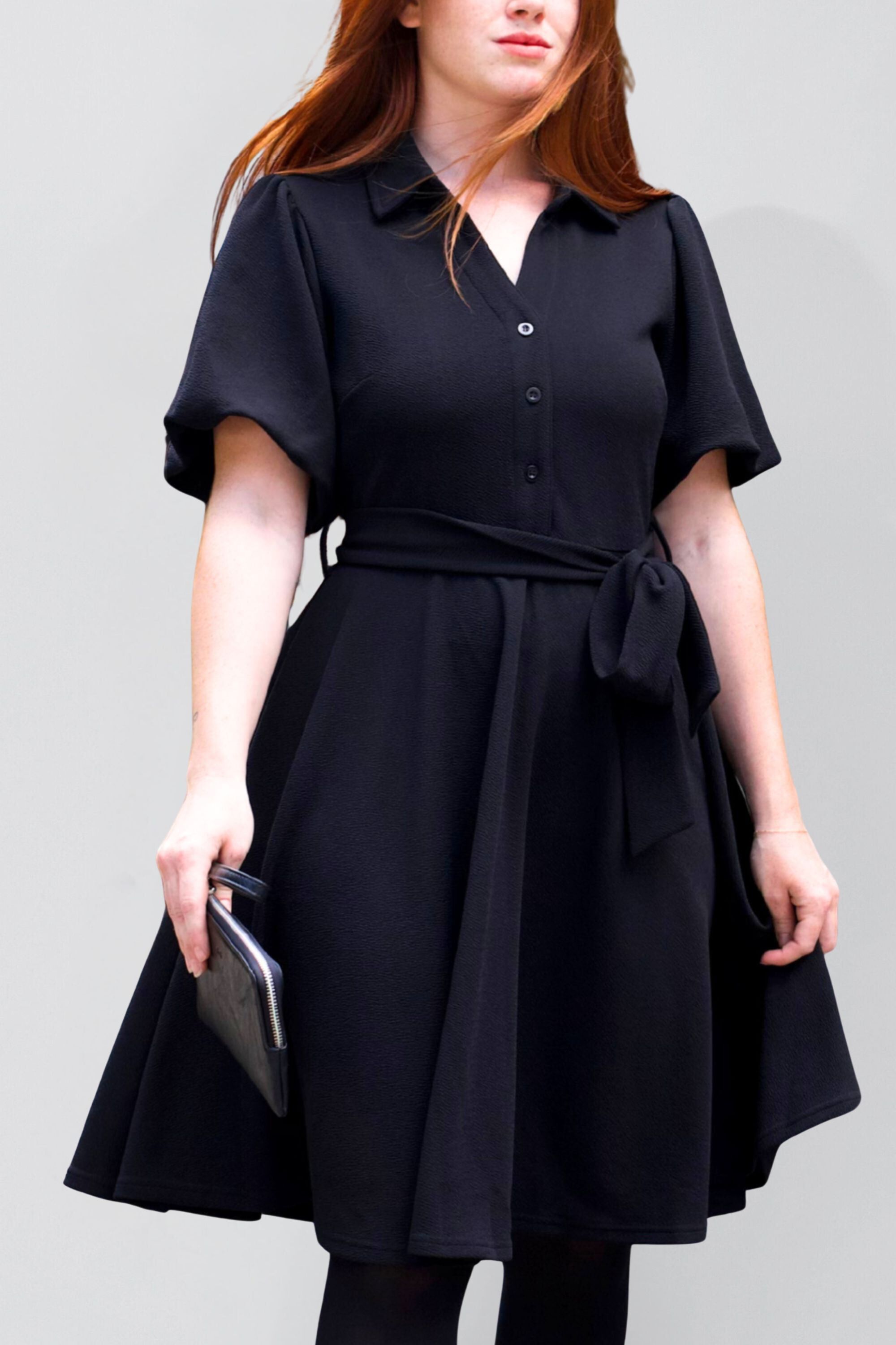 Coralie Women's Fit-and-Flare Shirt Dress Tie Waist Bell Sleeves, BLACK / Black, hi-res image number 0