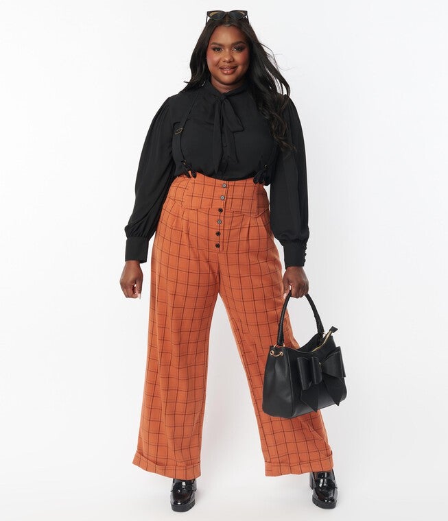 Unique Vintage Orange Windowpane Thelma Suspender Pants, , alternate image number null