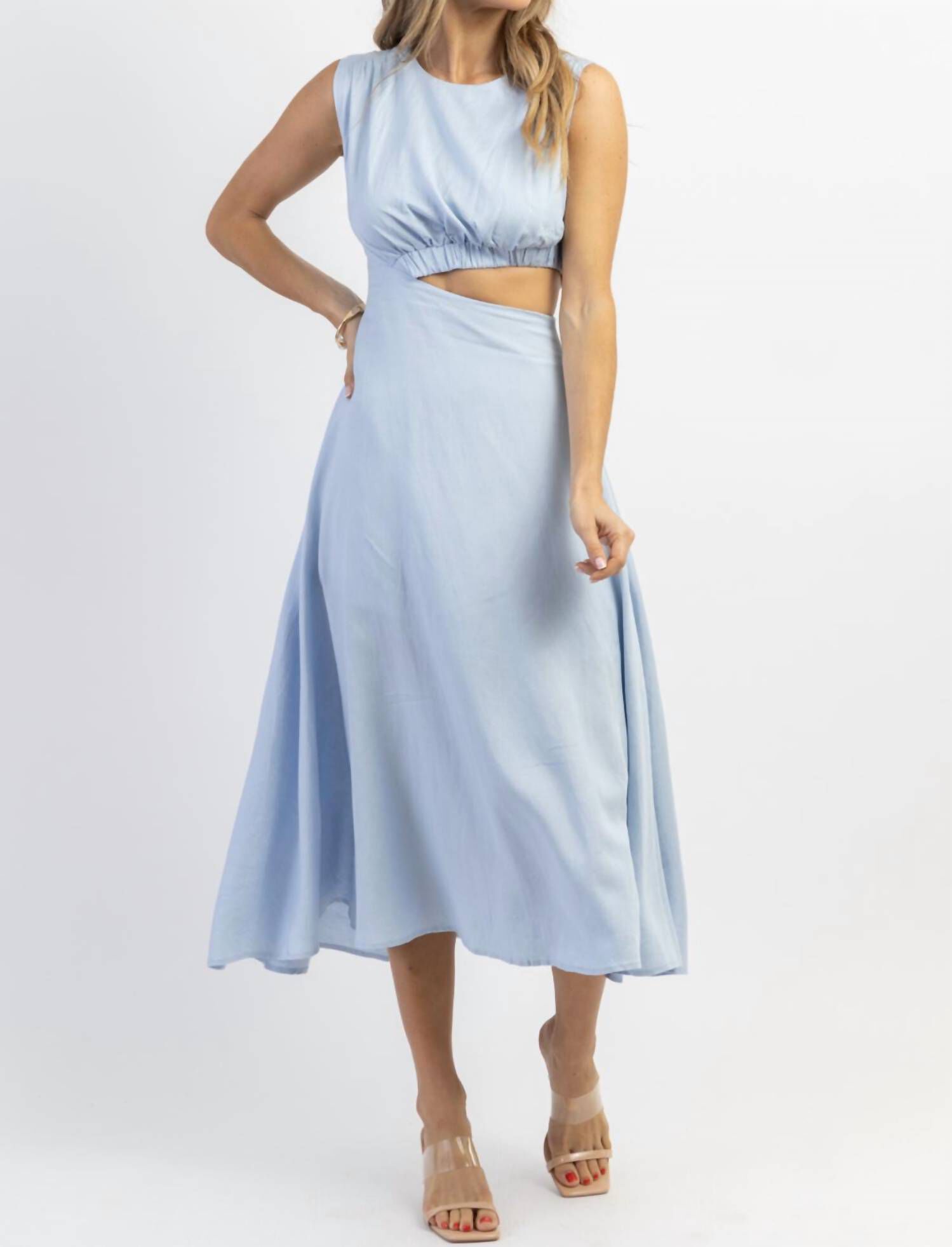 CUTOUT LINEN MIDI DRESS IN SKY BLUE, , alternate image number 4