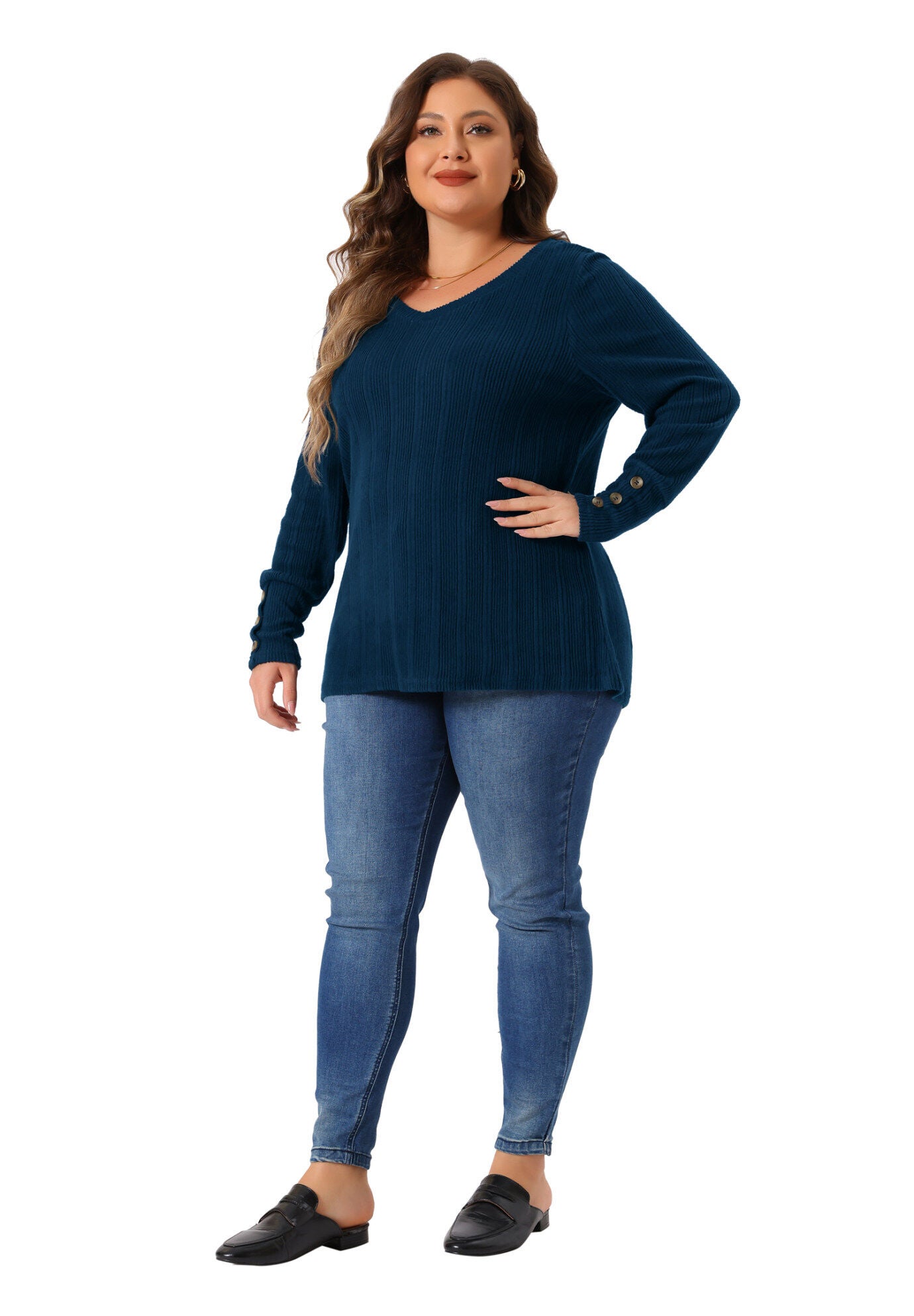 V Neck Button Stretchy Pullover Sweater Knit Top, Navy Blue / Navy, hi-res image number 0