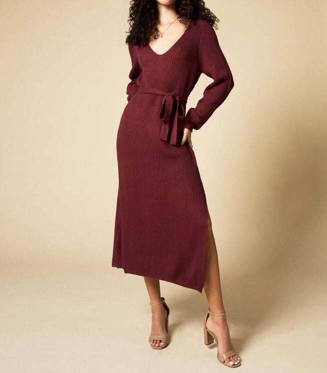 BORDO BELTED SWEATER DRESS IN BURGUNDY, Burgundy / Red, hi-res image number 0