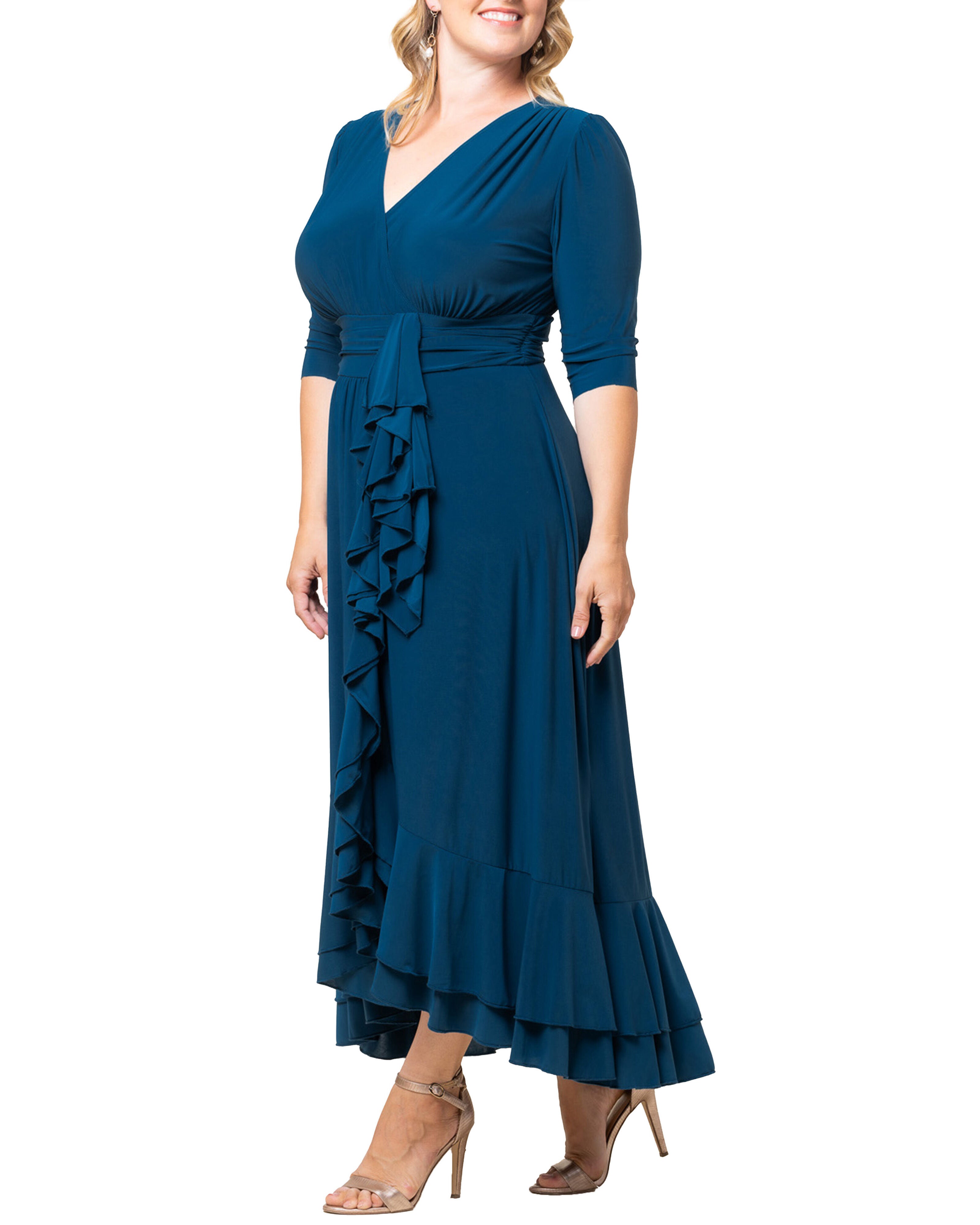 Veronica Ruffle Evening Gown, AEGEAN BLUE / Teal, alternate image number 3