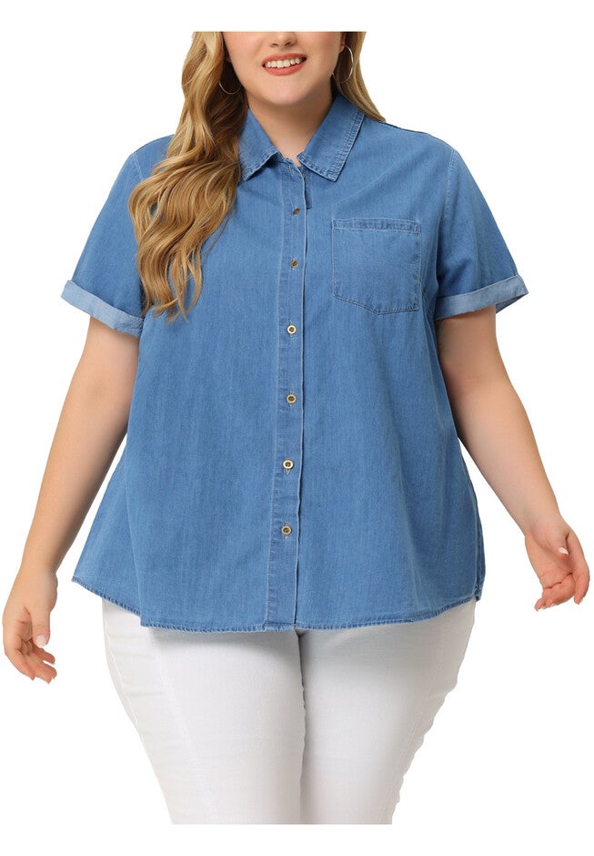 Roll Sleeve Chambray Button Down Denim Shirt, Blue / Chambray Denim Medium, alternate image number null