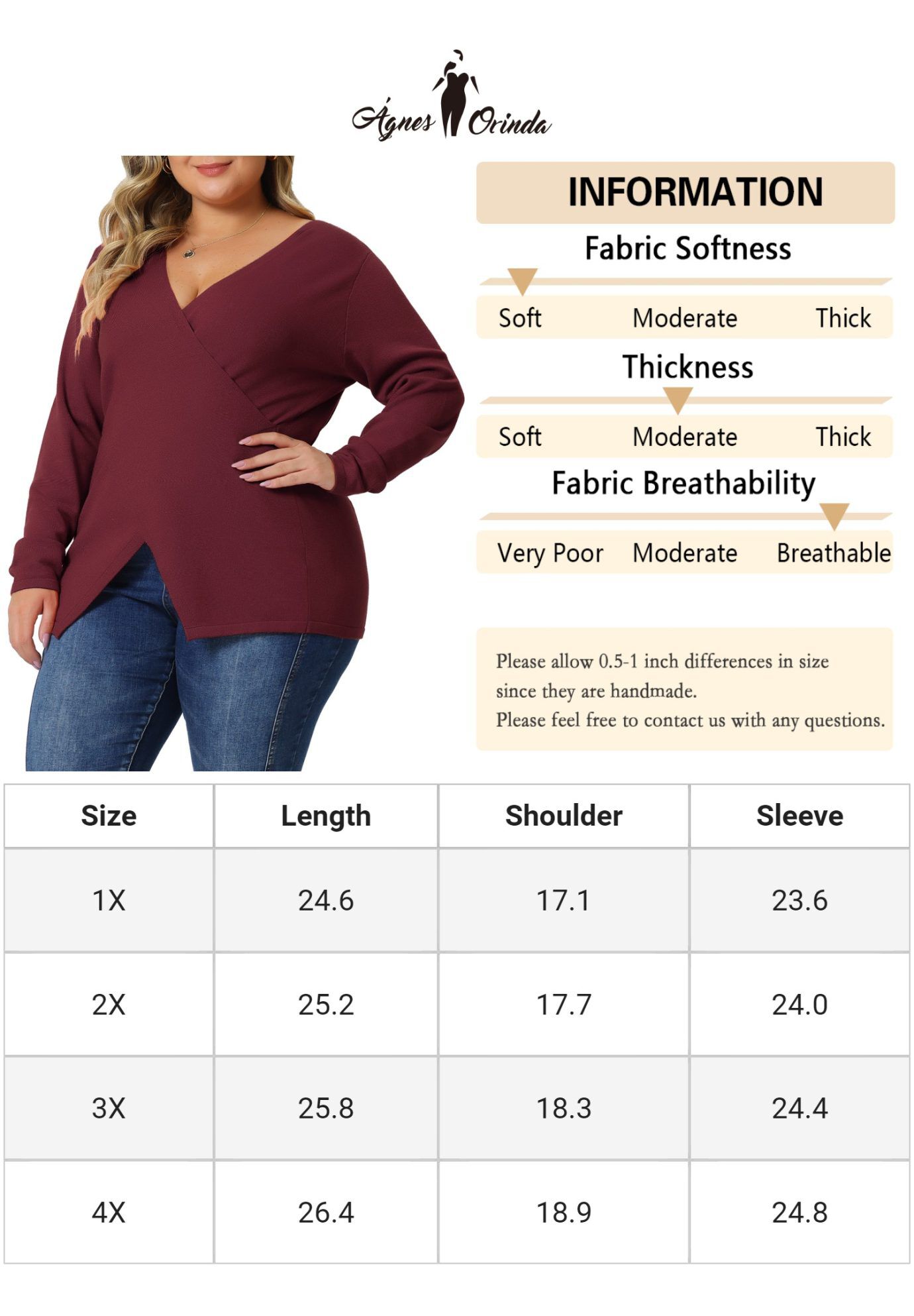 Wrap V Neck Criss Cross Asymmetrical Knit Top, Red / Red, alternate image number 2