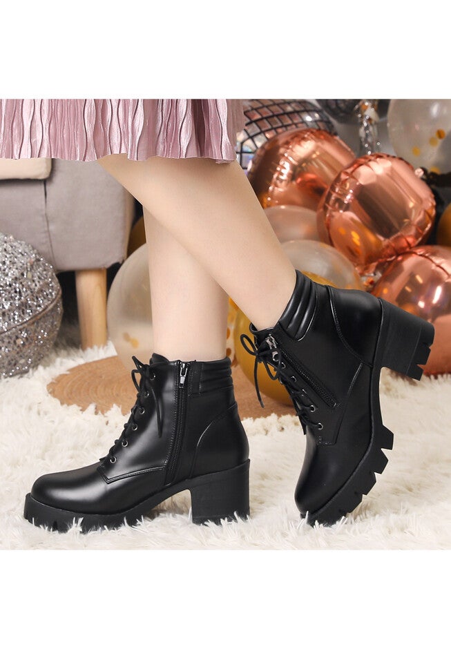 Platform Ankle Boots Lace Up Chunky Heel Combat Boots, Black / Black, alternate image number 1