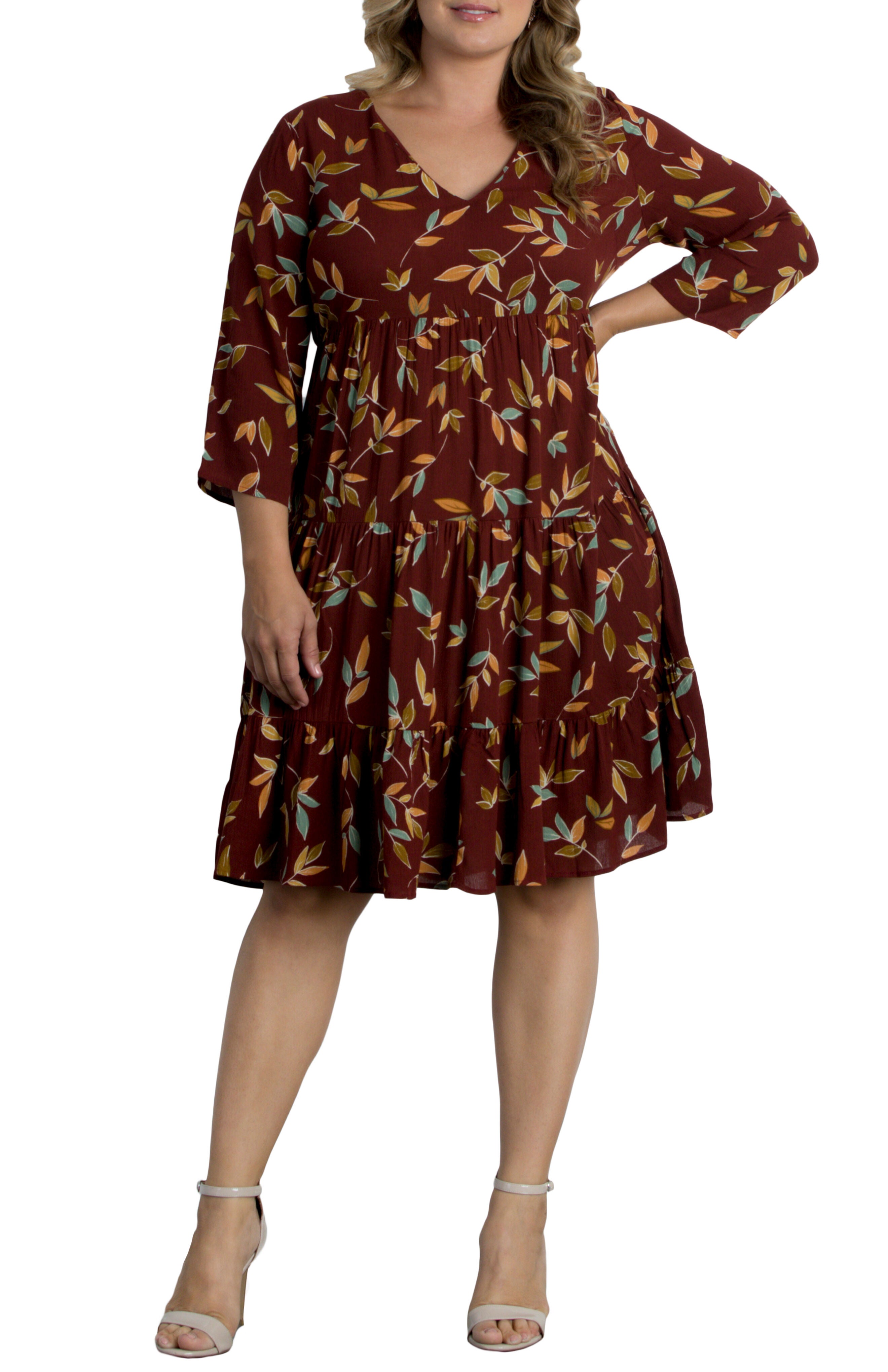 Issy Tiered Tunic Dress, WARM LEAF MOTIF / Burgundy, hi-res image number 0