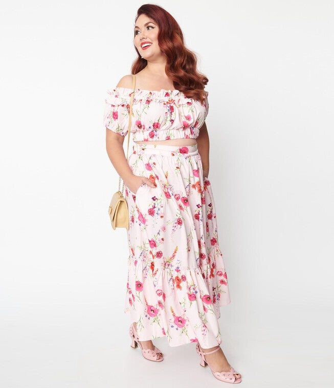 Unique Vintage Light Pink Floral Tiered Midi Skirt, Pink Floral / Pink, hi-res image number 0