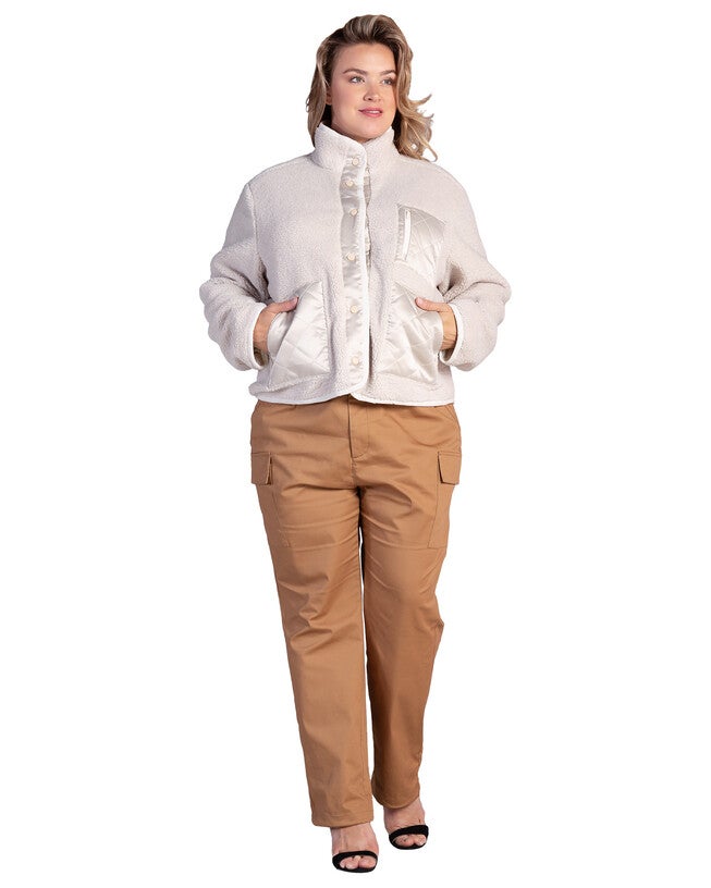 Zozo Womens Plus Size Embroidered Dog Patch Pocket Sherpa Jacket, OFFWHITE / Ivory, alternate image number 2