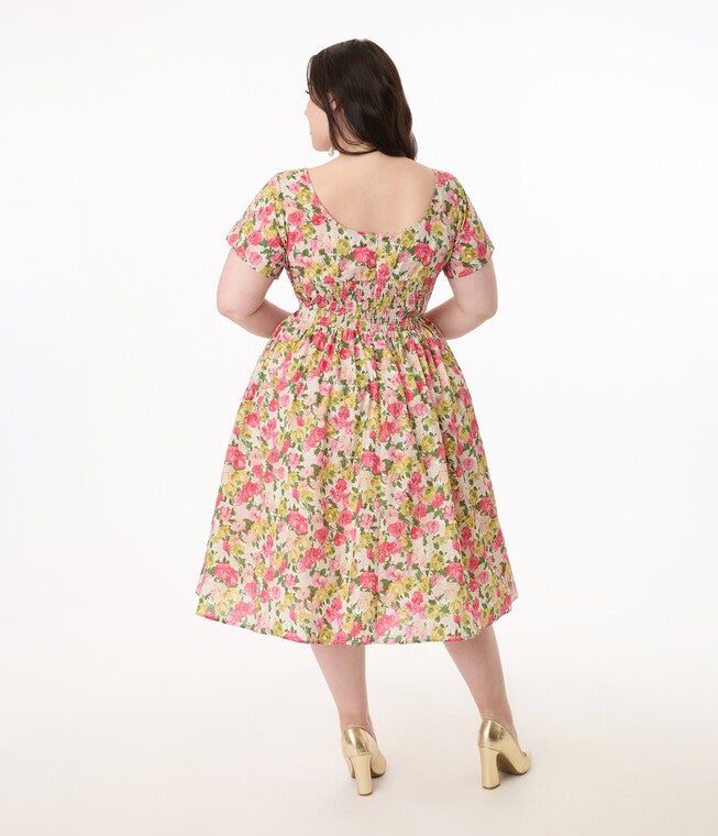 Unique Vintage Plus Size Yellow & Pink Floral Cotton Swing Dress, Light Yellow / Light Yellow, alternate image number 2