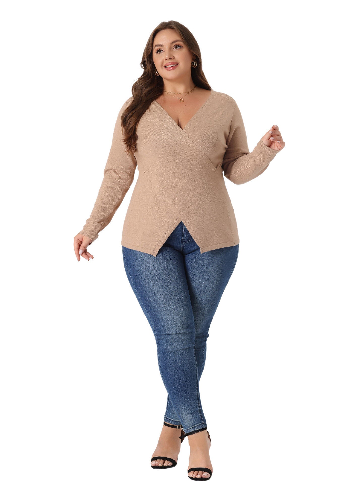 Wrap V Neck Criss Cross Asymmetrical Knit Top, Khaki / Brown, hi-res image number 0